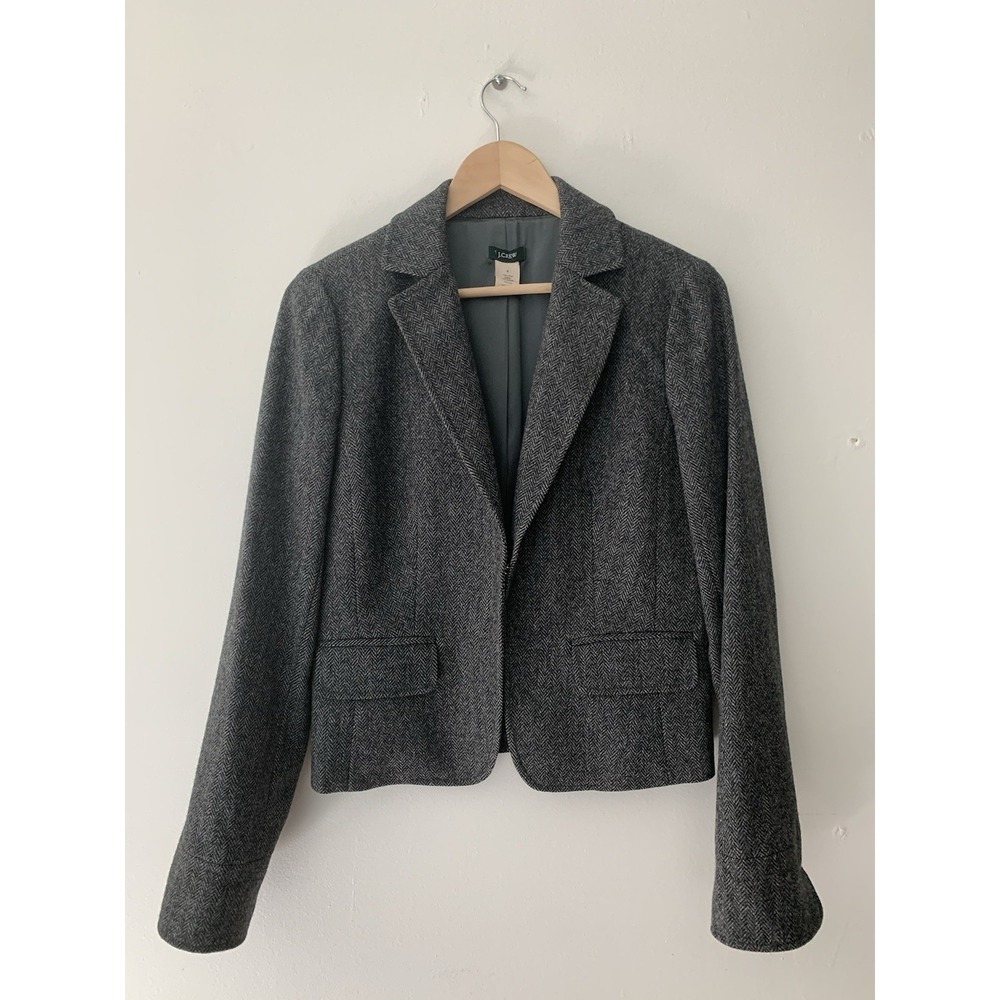 J Crew 100% Wool Blazer Women 8 Gray Herringbone 2008 Ivy Town&Country Prep